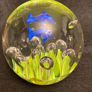 Vintage Glass Underwater Theme With Duo Blue Dolphins Paperweight.